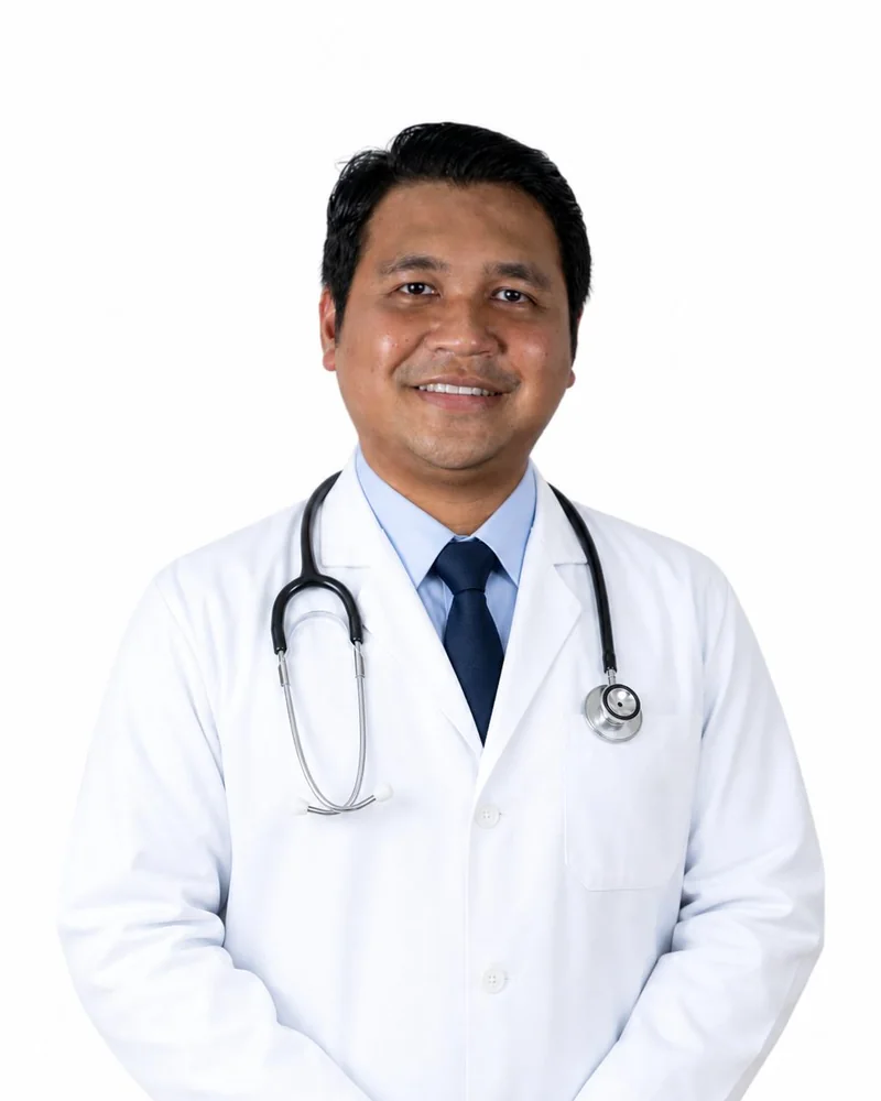 Dr Shafiq P. of Klinik Huda, Meru Klang, in a white doctor's coat with a stethoscope