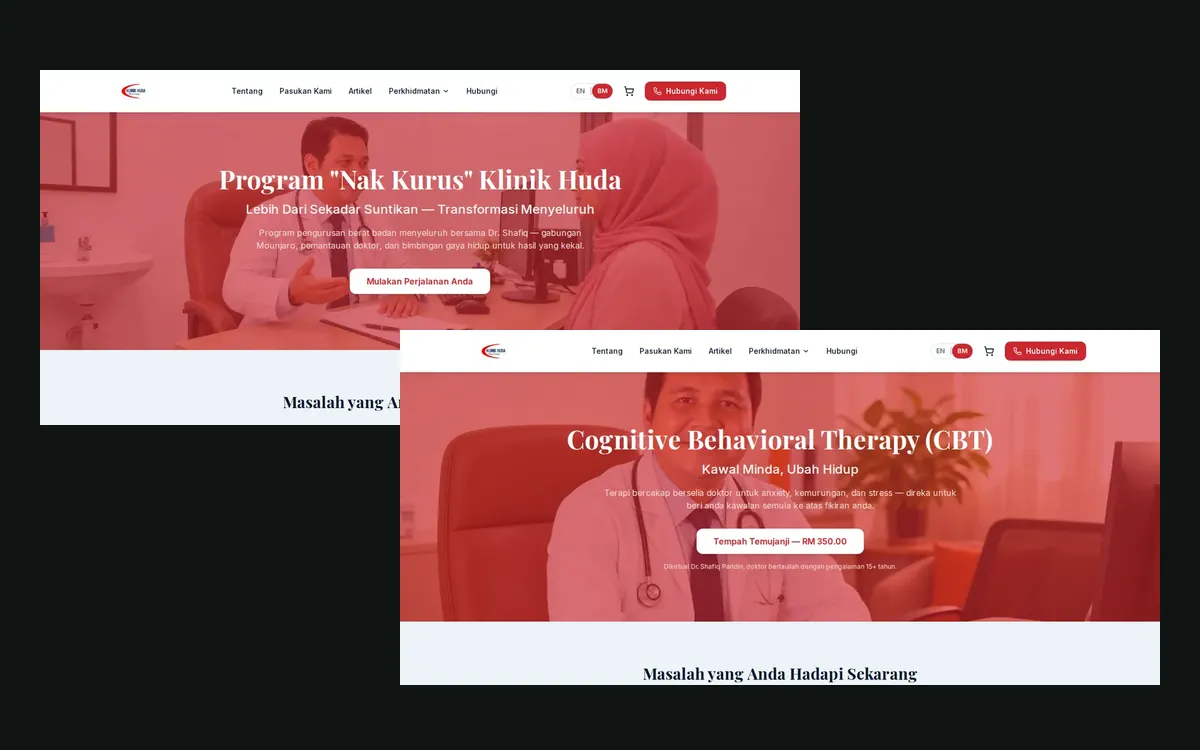 Mounjaro weight-loss programme and CBT therapy pages on the Klinik Huda website