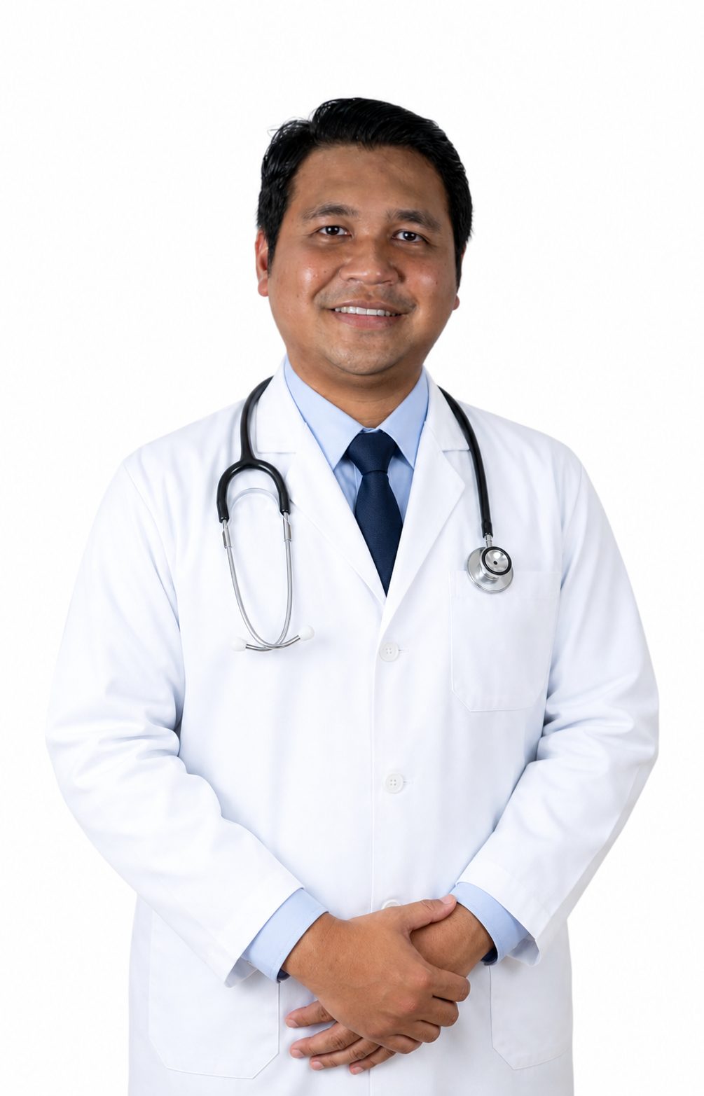 Dr Shafiq P. of Klinik Huda, Meru Klang, in a white doctor's coat with a stethoscope, the customer behind this PA EasyTadbir testimonial