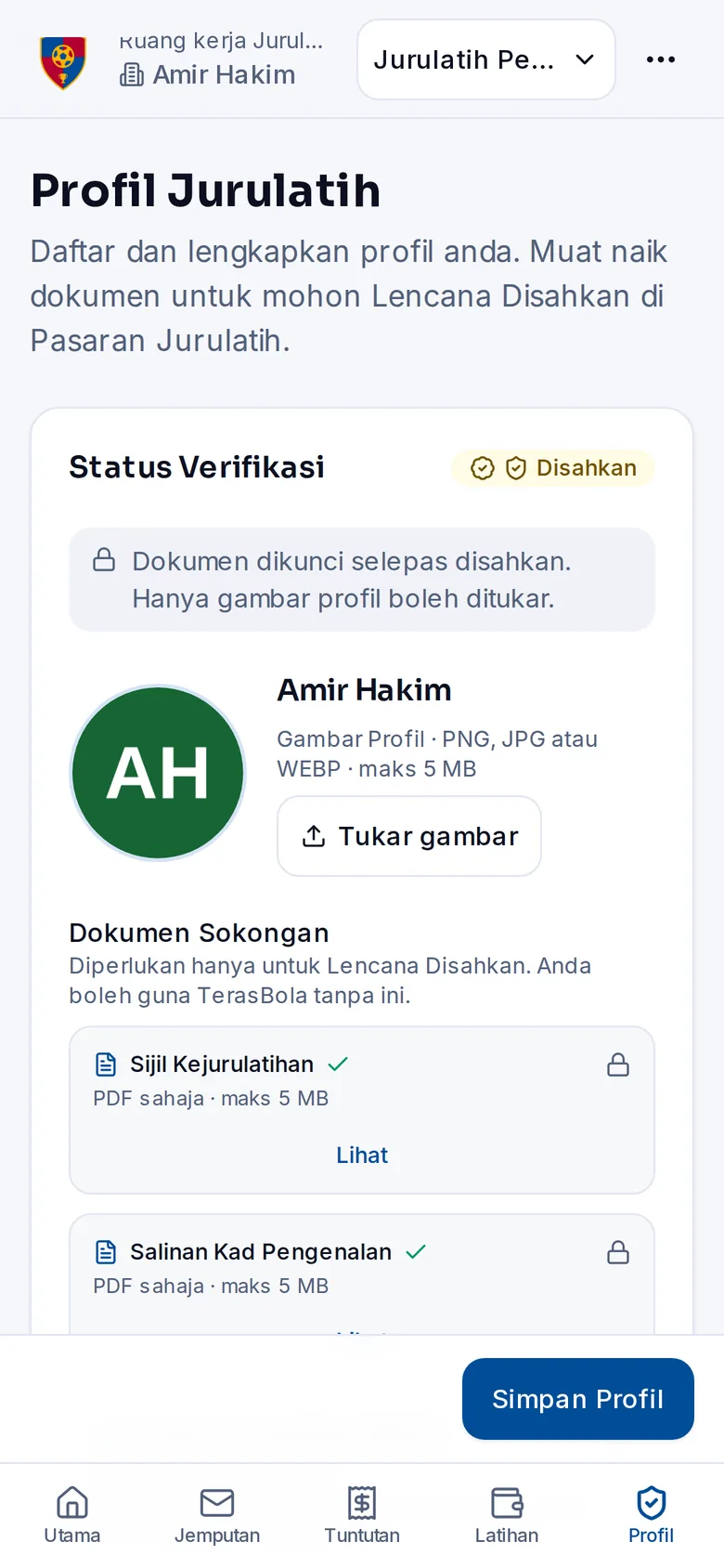 TerasBola phone screen — Verified coaches