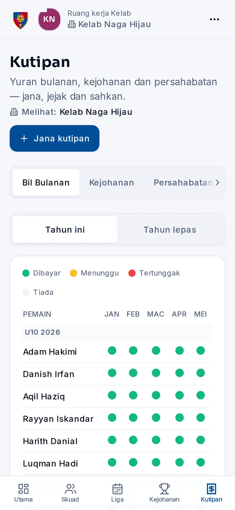 TerasBola phone screen — Fee collection