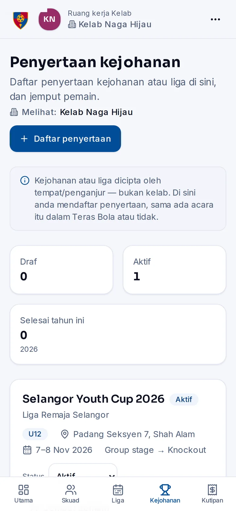 TerasBola phone screen — Tournaments