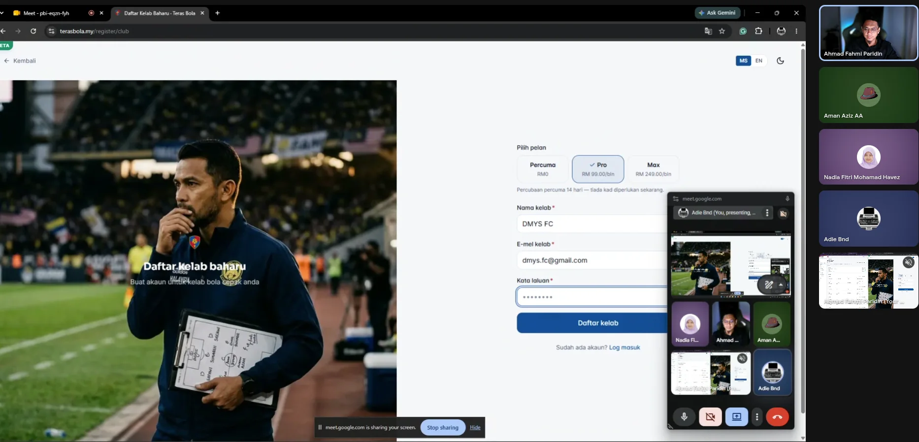 Google Meet session: registering DMYS FC on terasbola.my with the club's management